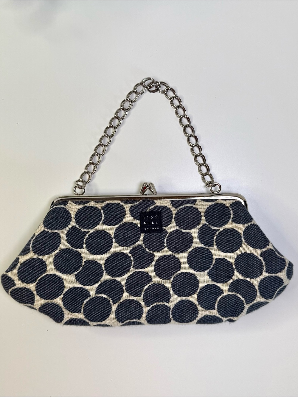1154 Lill Studio Polka Dot Fabric Clutch Evening Bag Gray Cream Kiss Lock Frame - Picture 3 of 15